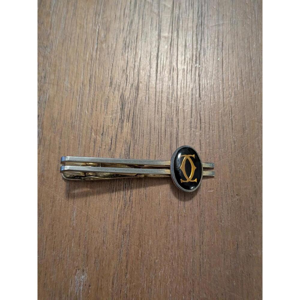 Cartier Tie Clip 2C Logo Motif Tie pin Black Gold-tone Hardware Vintage Double C